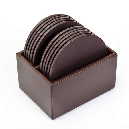 Chocolate Brown Leather 10 Round Coaster Set With Holder